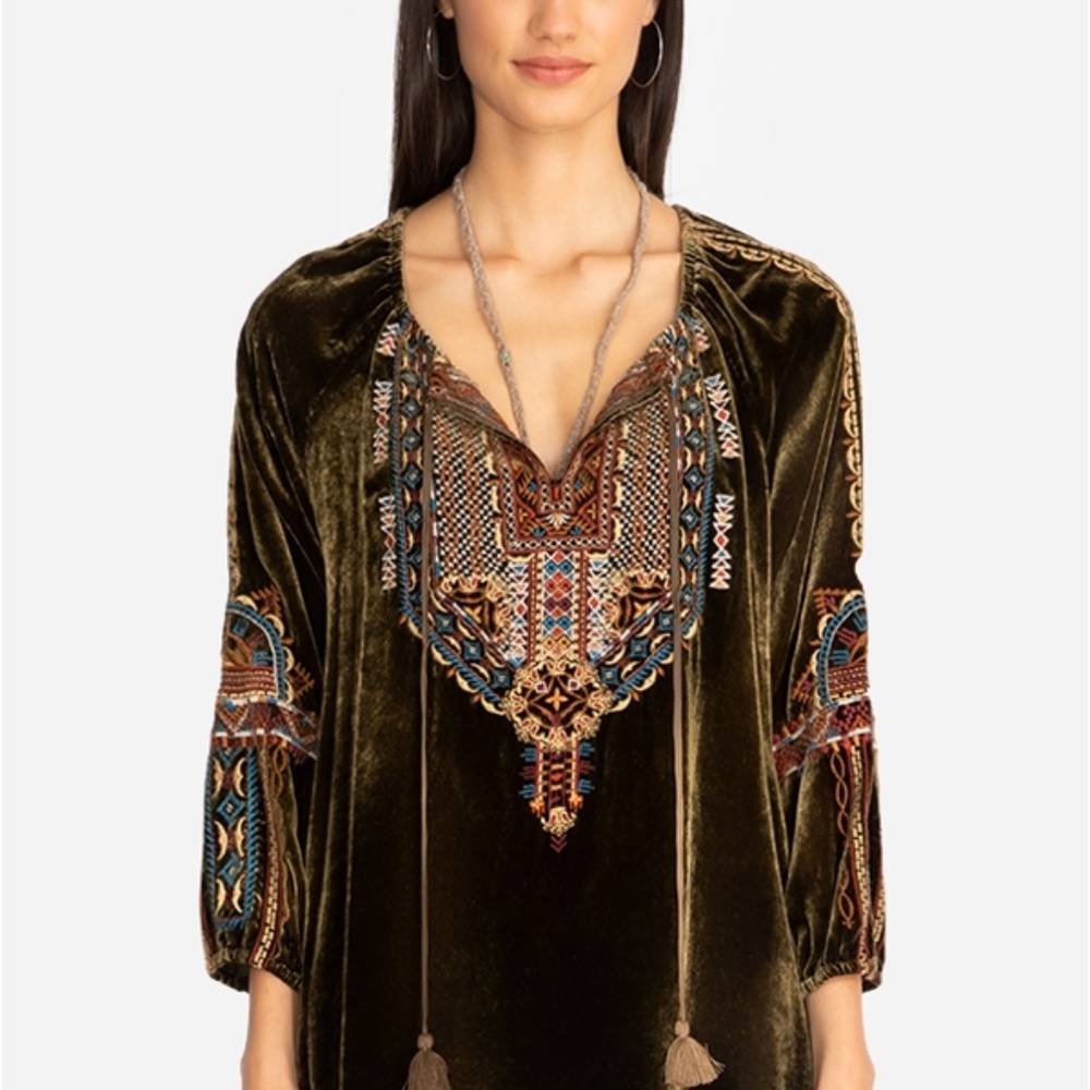 Johnny Was Naomi Tiger Eye Velvet Peasant Blouse Embroidered Tunic Top S $275